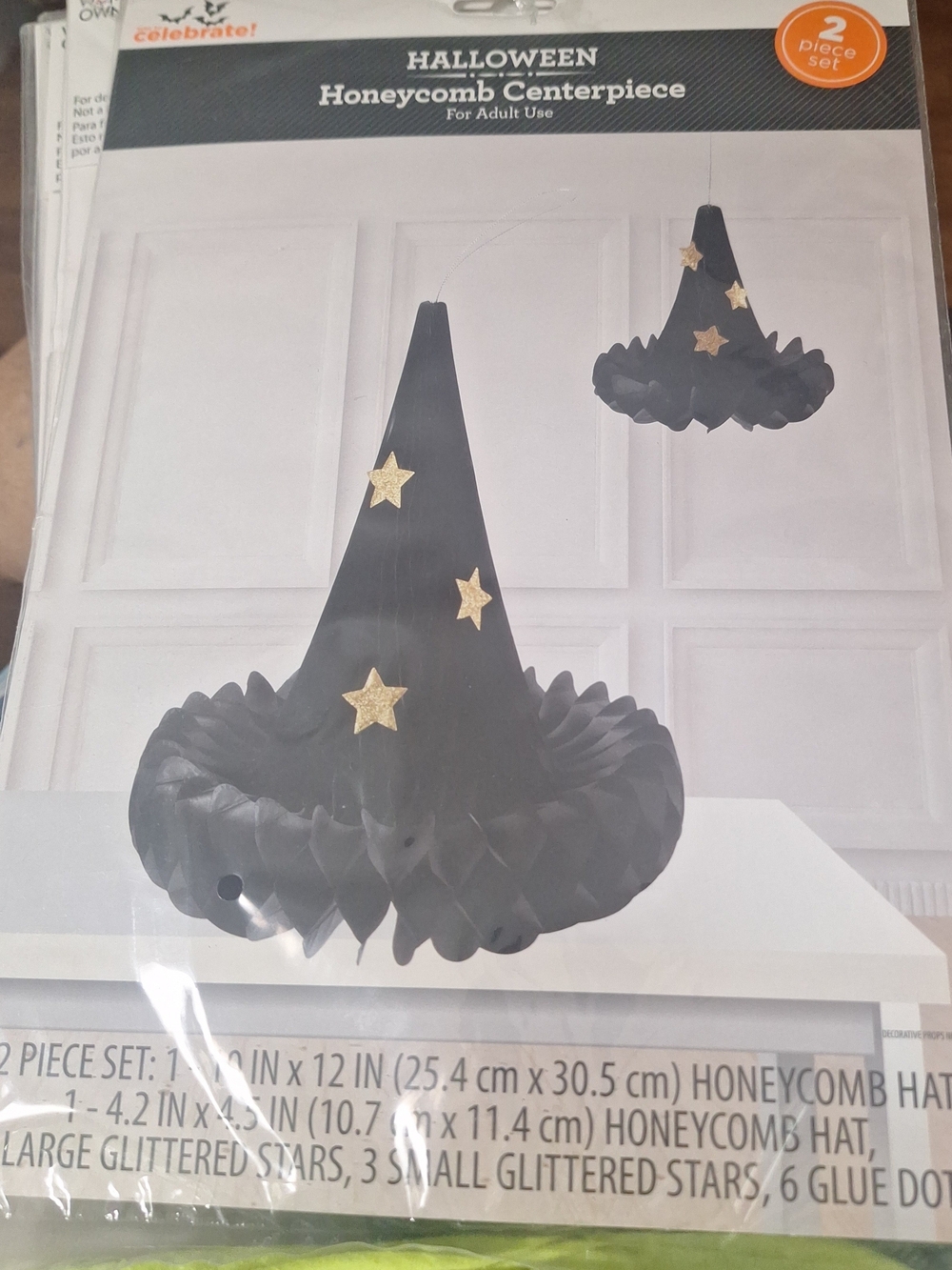 Black Witch Hat Honeycomb Halloween Decoration with Gold Stars